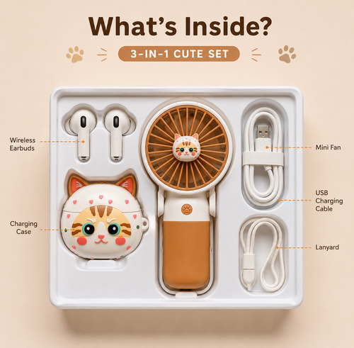 3-in-1 Cute Cat Earbuds Set – Wireless Bluetooth Earbuds with Portable Mini Fan & Cute Charging Case | USB-C Rechargeable | TWS-67