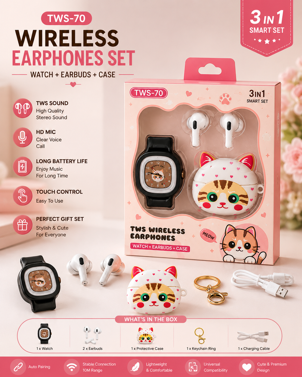 Cute Cat Bluetooth Earbuds Combo | TWS-70 | Smart Watch + Protective Case | HiFi Sound