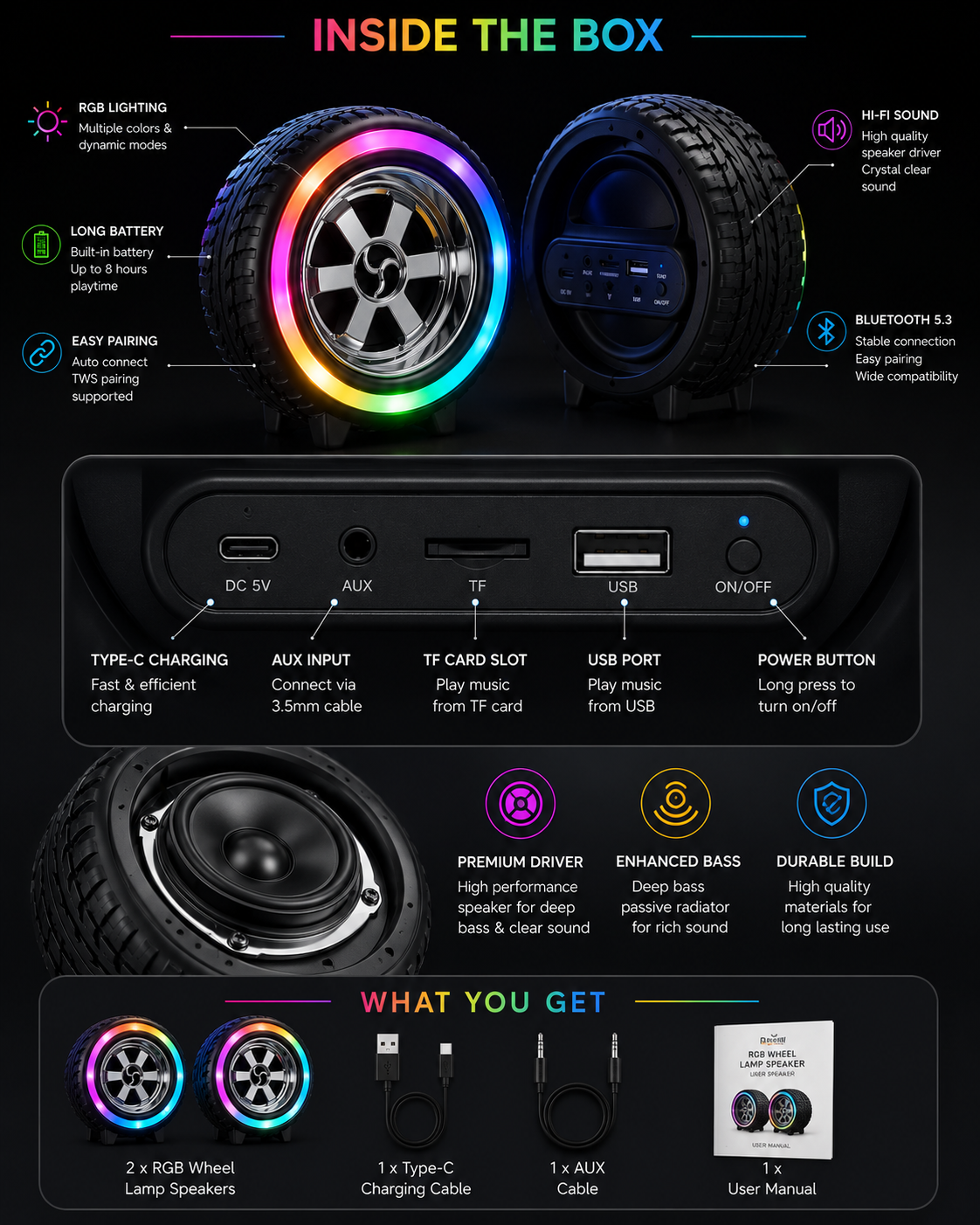 RGB Wheel Lamp Bluetooth Speaker | Bluetooth 5.3 | 360° Hi-Fi Sound | Multi-Color RGB Lights | Type-C Fast Charging | Portable Wireless Speaker