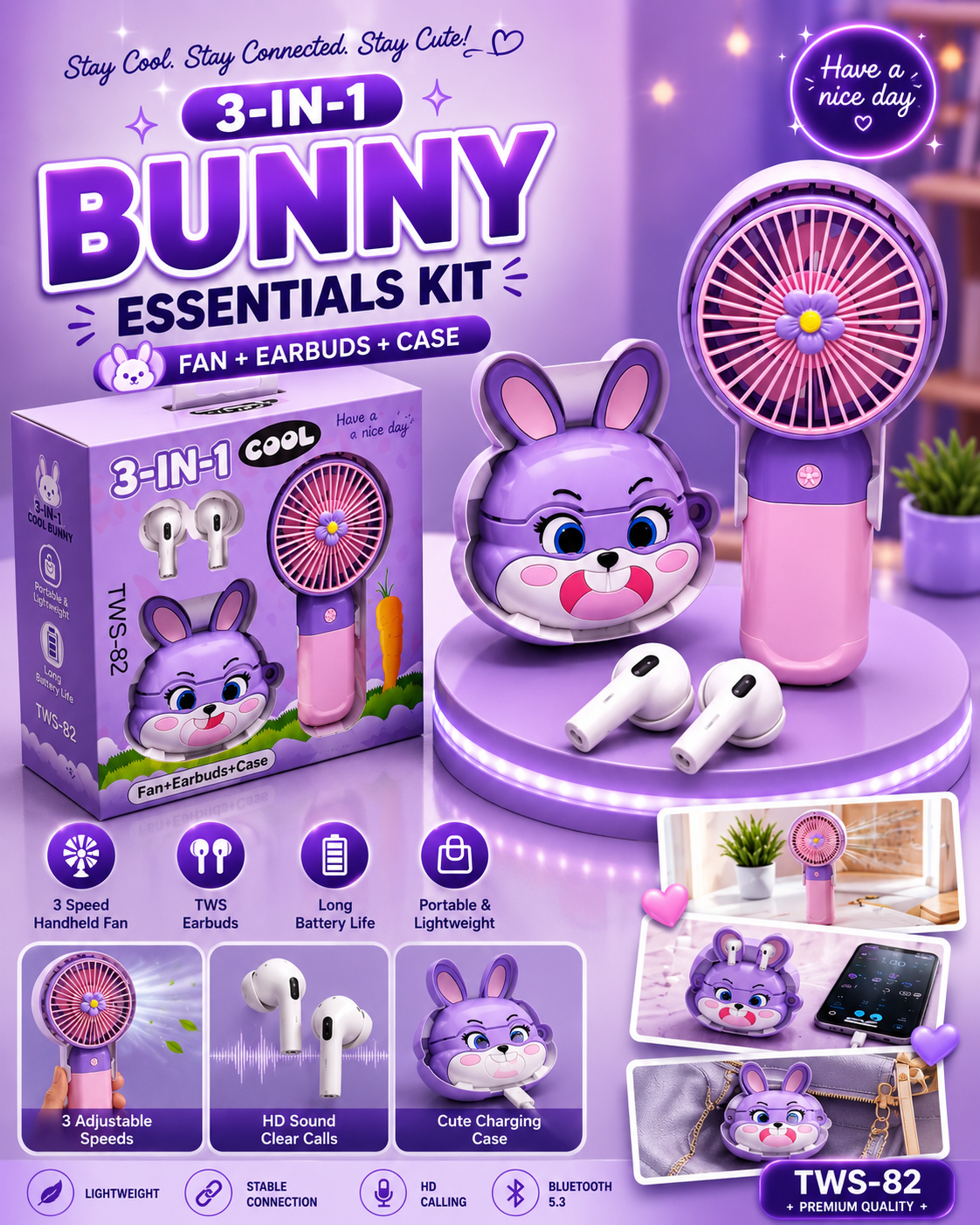 3-in-1 Bunny Essentials Kit TWS-82 – Mini Handheld Fan + Wireless Bluetooth Earbuds