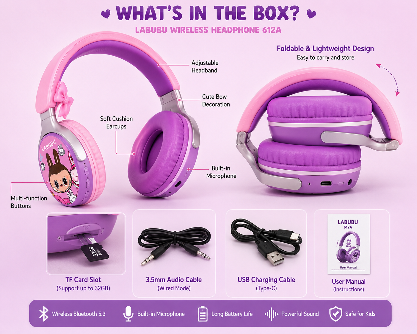 LABUBU 612A Wireless Bluetooth Headphones for Kids – Cute Cartoon Design, Bluetooth 5.3, Built-in Mic, Foldable & Safe Comfortable Earphones