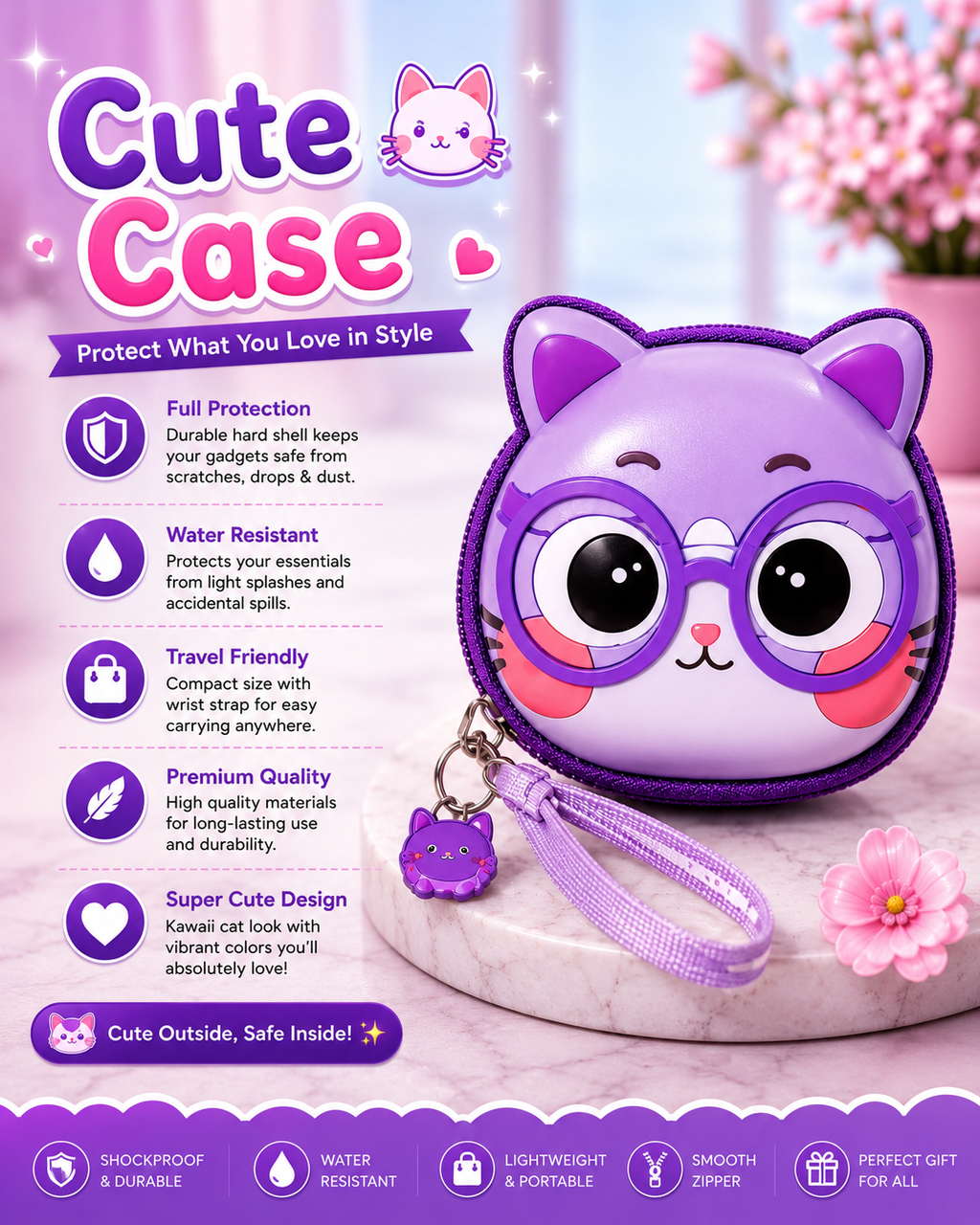 Cute 4-in-1 Smart Combo – Fan + Earbuds + Smart Watch + Kawaii Case