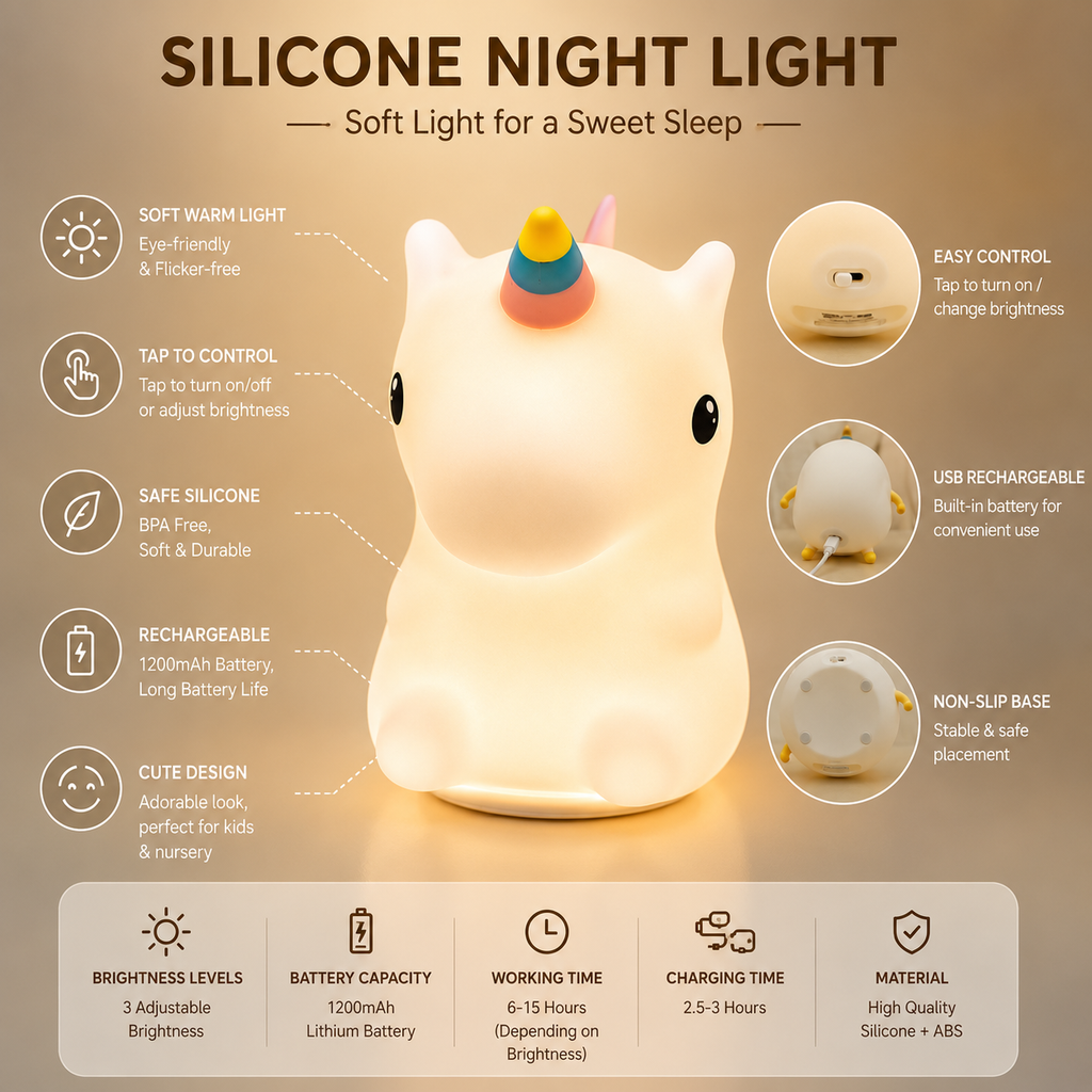 Cute Unicorn Silicone LED Night Light – USB Rechargeable Tap Control Bedside Lamp with 3 Brightness Levels for Kids, Baby & Bedroom
