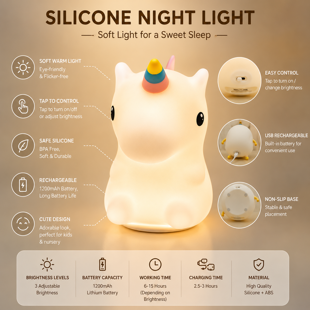 Cute Unicorn Silicone LED Night Light – USB Rechargeable Tap Control Bedside Lamp with 3 Brightness Levels for Kids, Baby & Bedroom