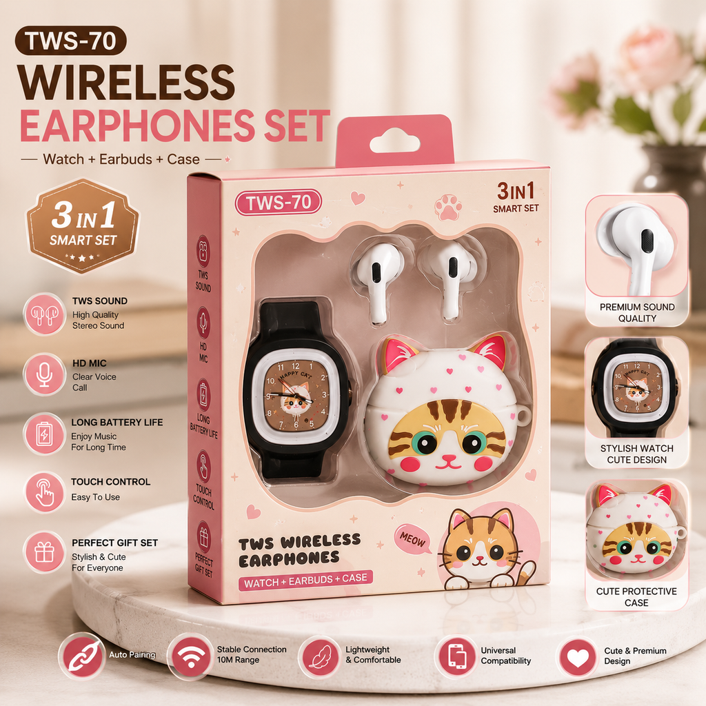 Cute Cat Bluetooth Earbuds Combo | TWS-70 | Smart Watch + Protective Case | HiFi Sound