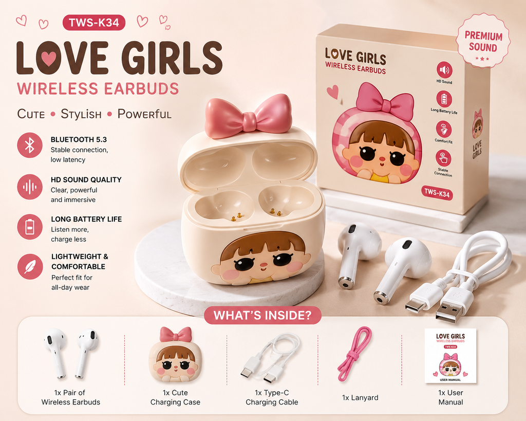 Love Girls Wireless Earbuds – Cute Bluetooth 5.3 Earphones with Premium Charging Case