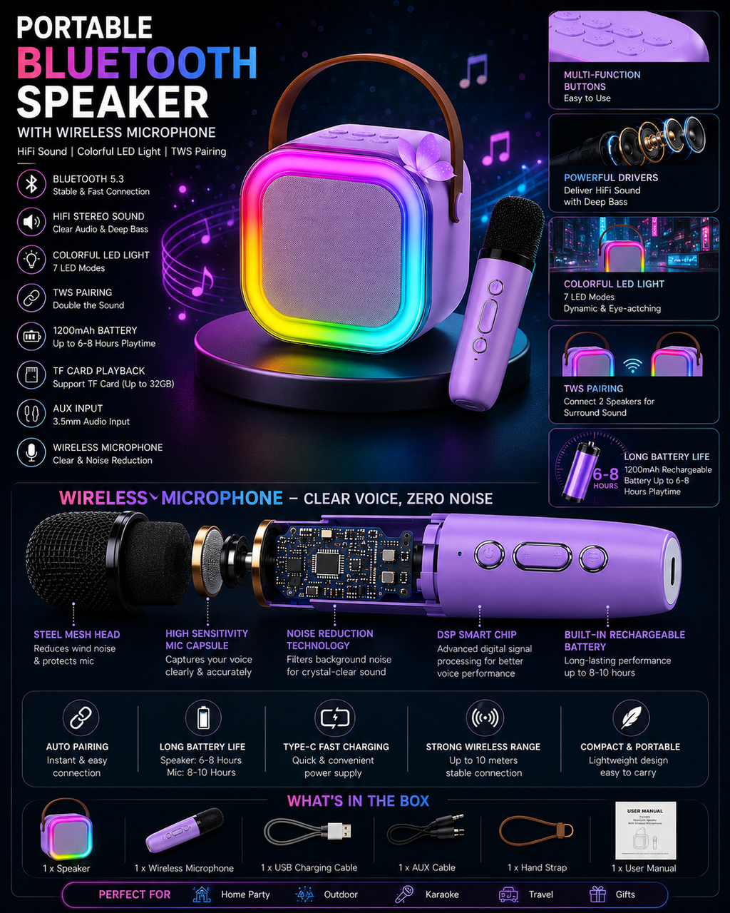 Portable Bluetooth Karaoke Speaker with Wireless Microphone | Bluetooth 5.3 | RGB LED Lights | Hi-Fi Stereo Sound | TWS Pairing | Type-C Fast Charging