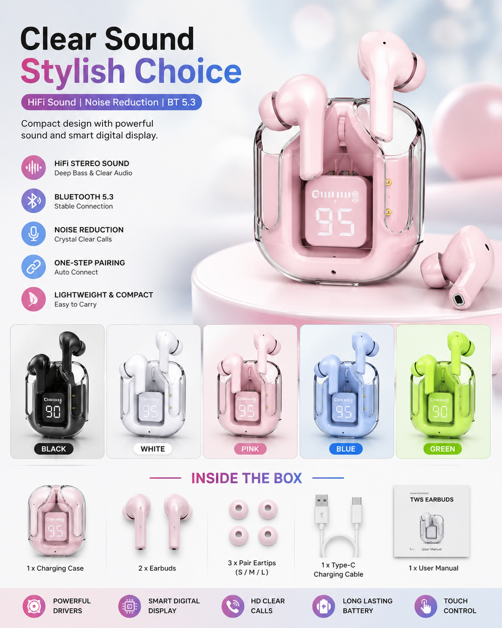TWS Wireless Bluetooth 5.3 Earbuds with Digital Display – HiFi Stereo Sound, Noise Reduction, Touch Control & Type-C Fast Charging