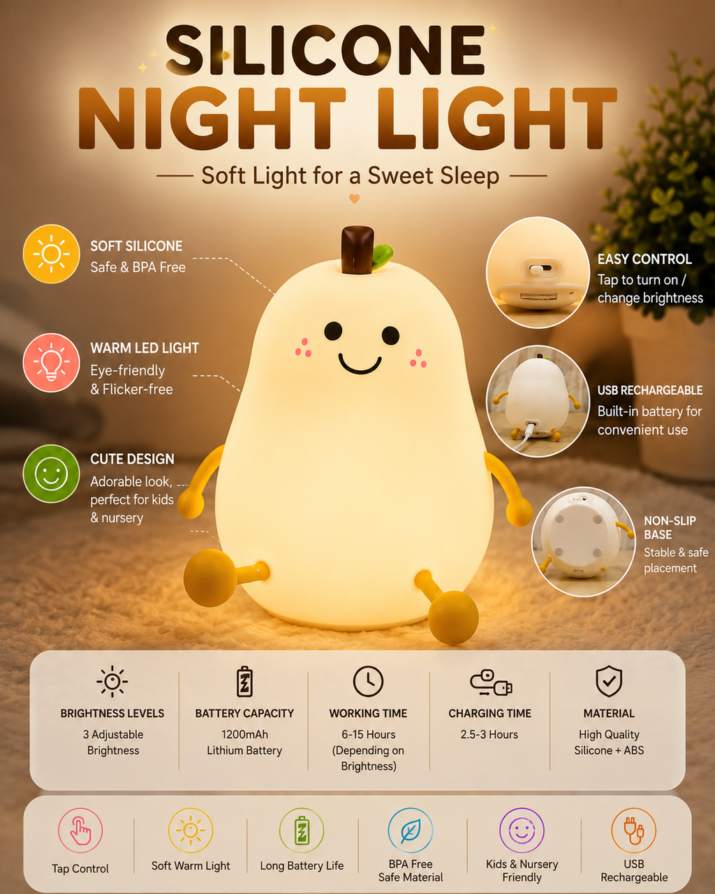 Cute Pear Silicone LED Night Light