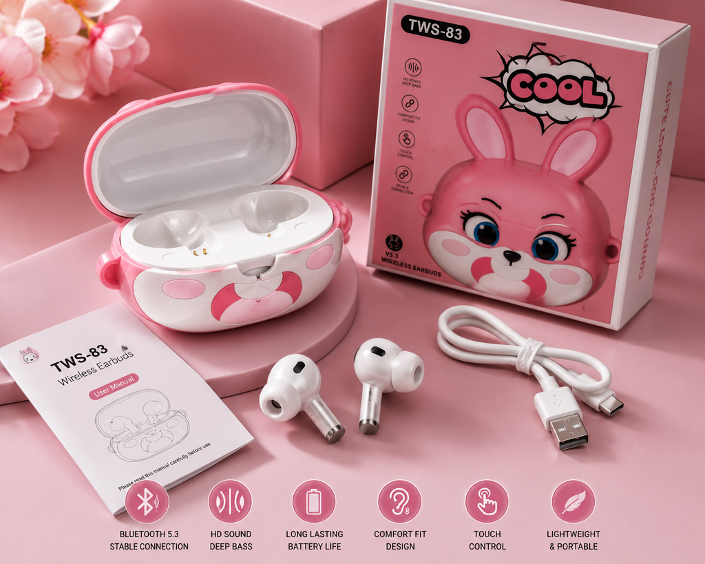 Cute Bunny TWS-83 Wireless Bluetooth Earbuds – HD Sound, Deep Bass, Bluetooth 5.3, Premium Quality