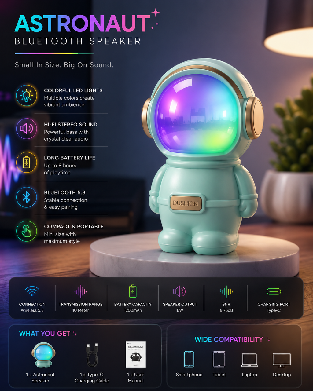 Astronaut Bluetooth Speaker with RGB LED Lights | Bluetooth 5.3 | Hi-Fi Stereo Sound | Type-C Fast Charging | Portable Mini Wireless Speaker