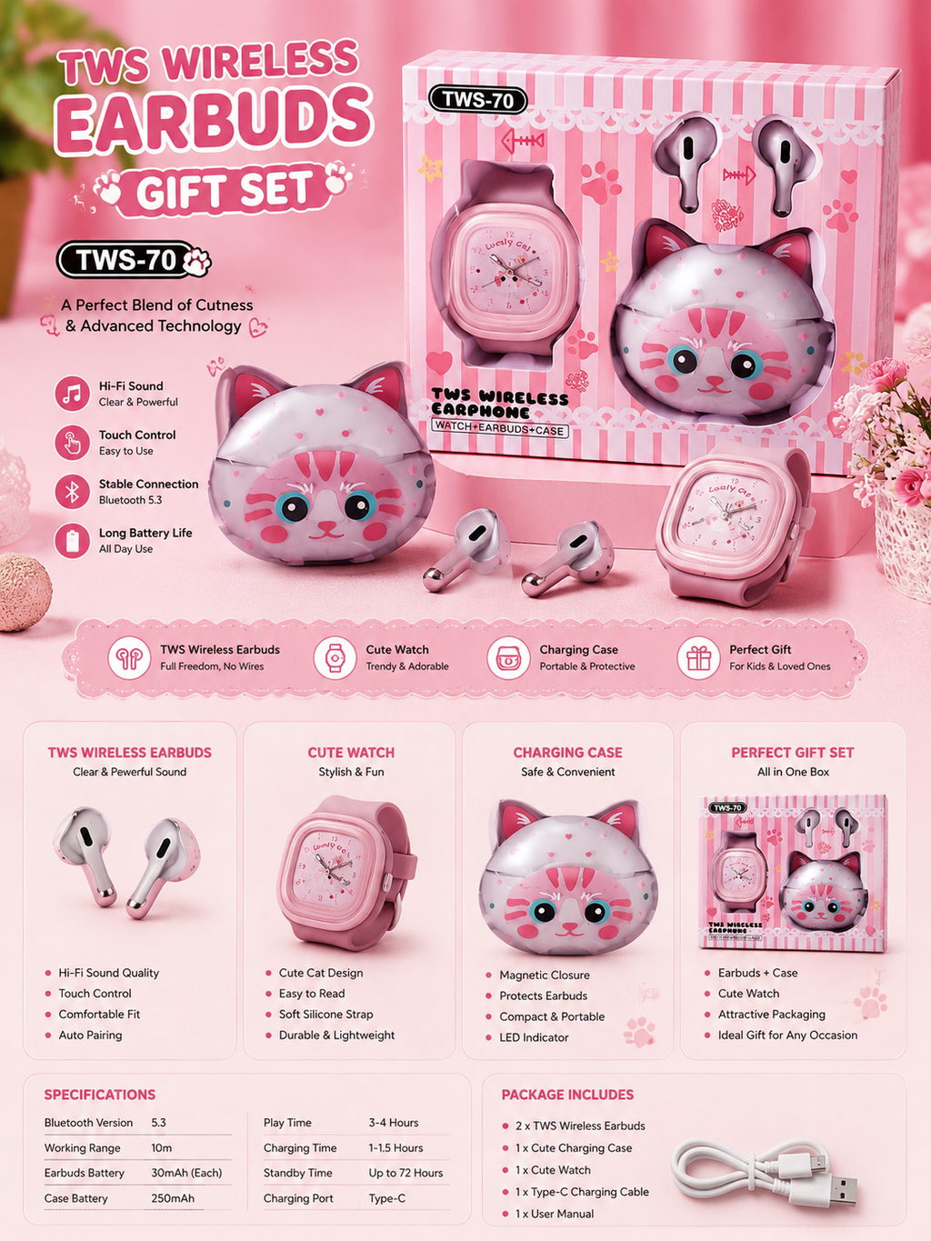 TWS-70 Cute Cat Wireless Earbuds Gift Set with Smart Watch & Charging Case | Bluetooth 5.3 | Hi-Fi Stereo Sound | Type-C Charging | Perfect Gift for Girls & Kids