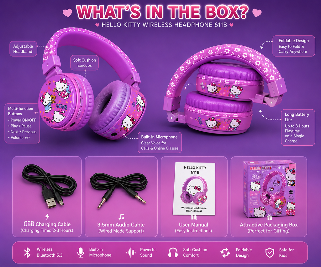 Hello Kitty 611B Wireless Bluetooth Headphones for Kids | Bluetooth 5.3 | Foldable Over-Ear Headset with Built-in Microphone | Cute Gift for Girls