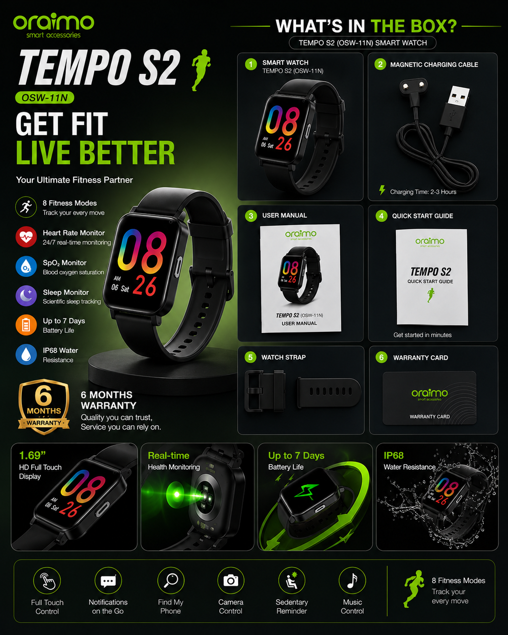 Oraimo Tempo S2 OSW-11N Smart Watch | 1.69" HD Full Touch Display | Heart Rate & SpO₂ Monitor | IP68 Waterproof | Bluetooth Smartwatch for Android & iPhone