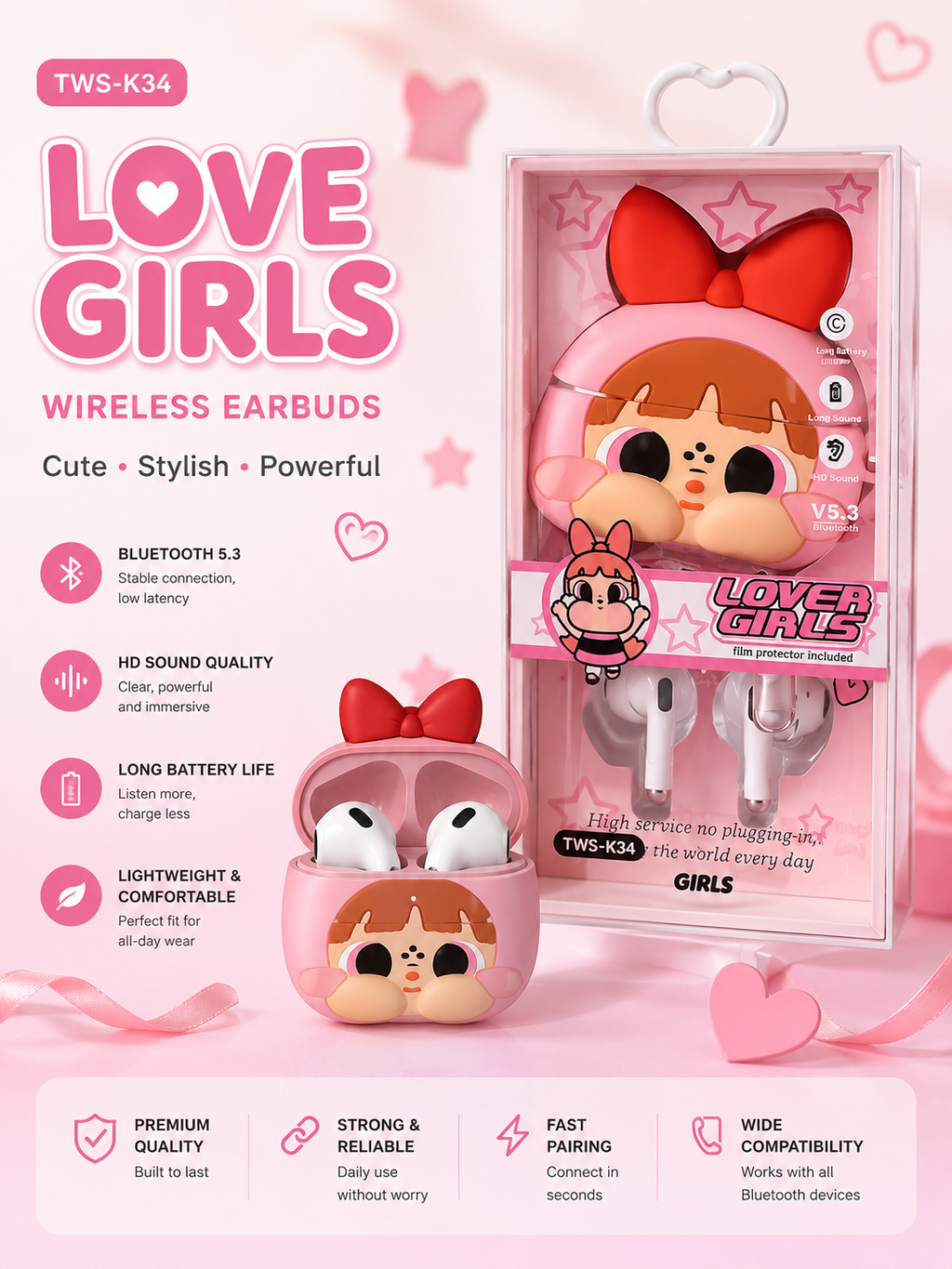 Love Girls Wireless Earbuds – Cute Bluetooth 5.3 Earphones with Premium Charging Case
