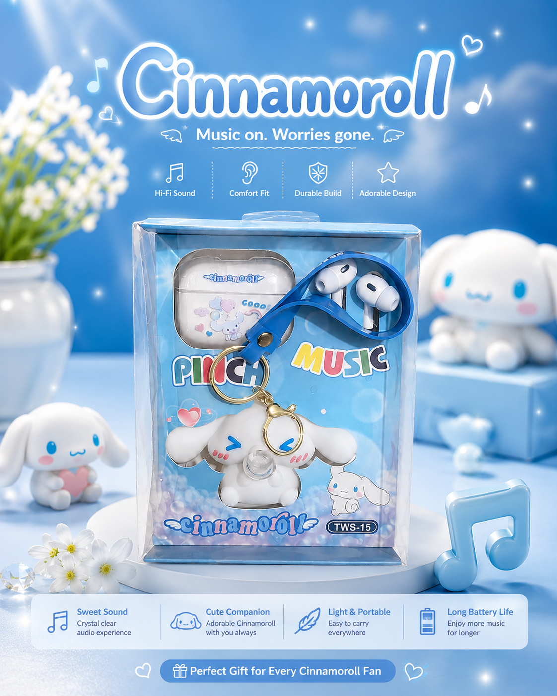 Cinnamoroll TWS-15 Wireless Bluetooth Earbuds with Cute Keychain Case – Hi-Fi Stereo Sound | Touch Control | Long Battery Life | Gift Edition