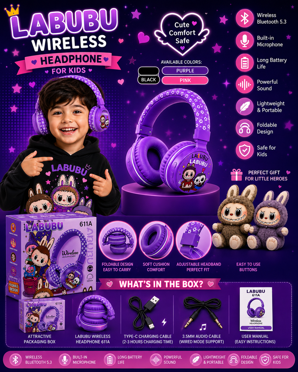 Labubu 611A Wireless Bluetooth Headphones for Kids | Bluetooth 5.3 | Foldable Over-Ear Headset with Built-in Microphone | Cute Gift for Boys & Girls