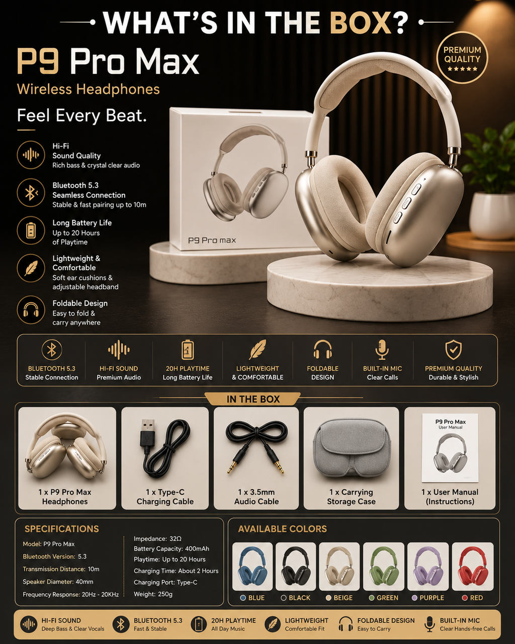 P9 Pro Max Wireless Bluetooth Headphones