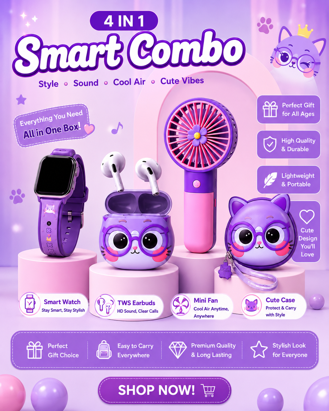 Cute 4-in-1 Smart Combo – Fan + Earbuds + Smart Watch + Kawaii Case