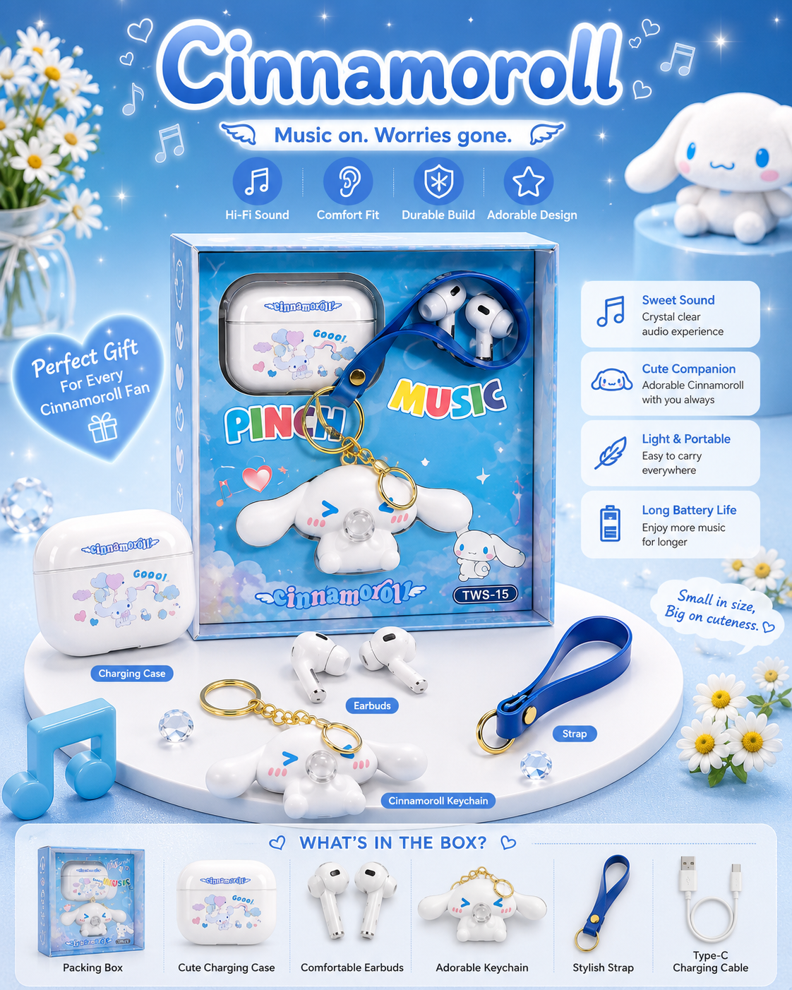 Cinnamoroll TWS-15 Wireless Bluetooth Earbuds with Cute Keychain Case