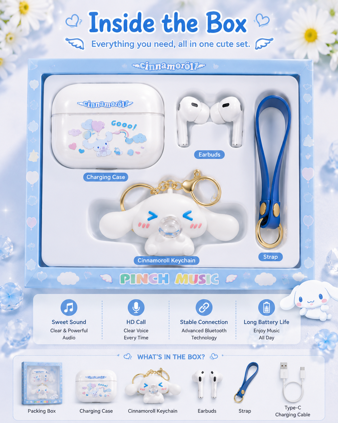 Cinnamoroll TWS-15 Wireless Bluetooth Earbuds with Cute Keychain Case