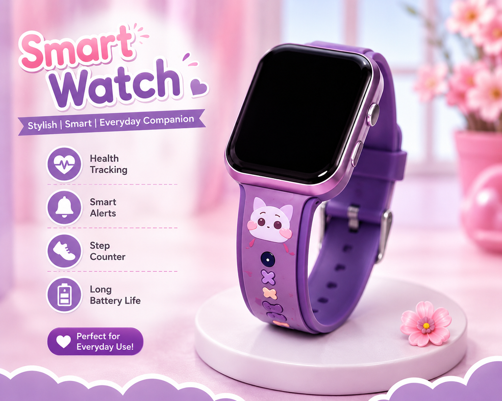 Cute 4-in-1 Smart Combo – Fan + Earbuds + Smart Watch + Kawaii Case