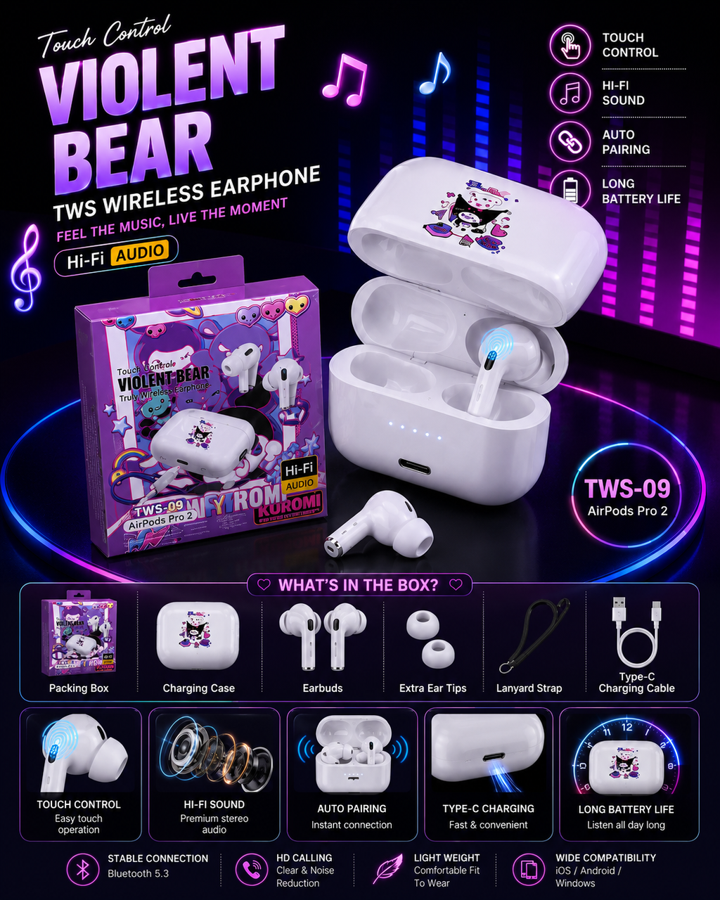 Violent Bear TWS-09 Wireless Bluetooth Earbuds