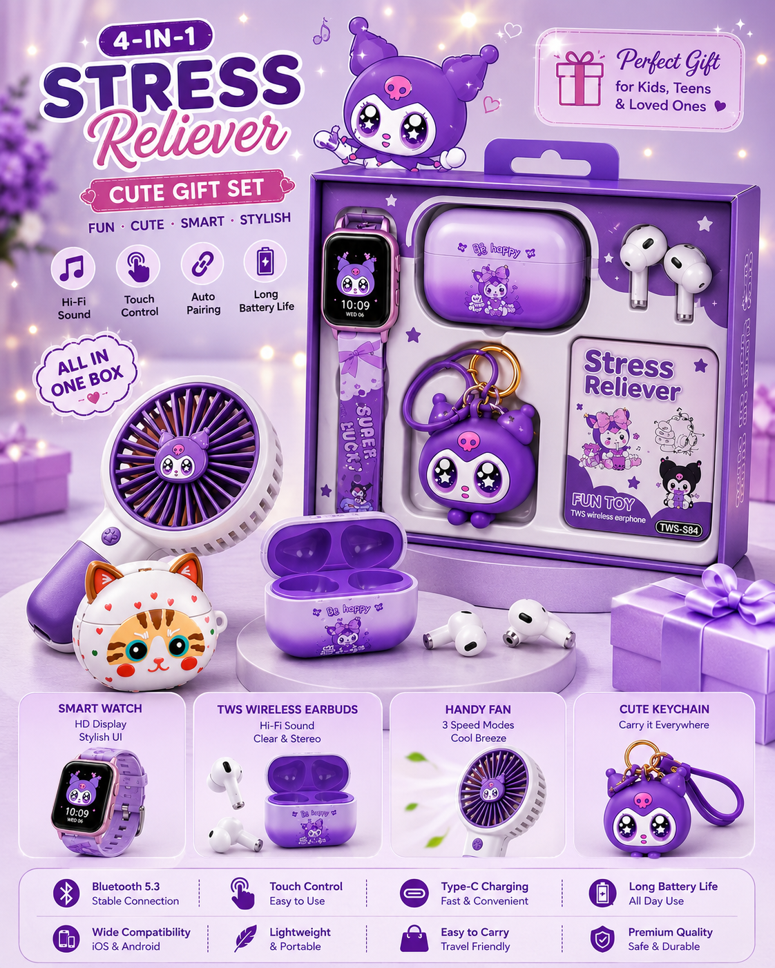 Stress Reliever 4-in-1 Cute Gift Set – Smart Watch + TWS Wireless Earbuds + Charging Case + Cute Keychain | Bluetooth 5.3 | Perfect Gift for Girls & Kids