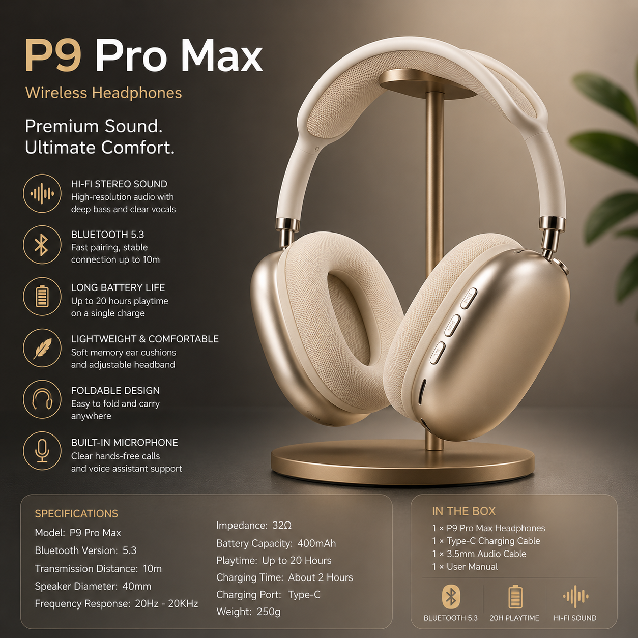 P9 Pro Max Wireless Bluetooth Headphones – Hi-Fi Stereo Sound | Bluetooth 5.3 | Up to 20 Hours Battery | Foldable Over-Ear Headset