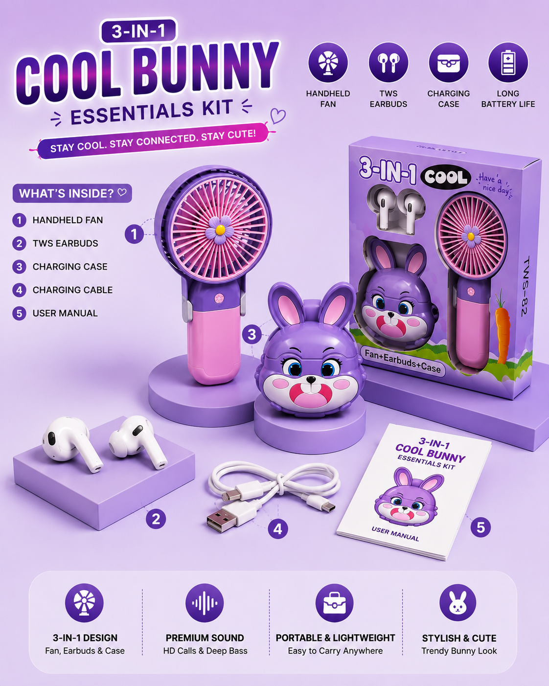 3-in-1 Bunny Essentials Kit TWS-82 – Mini Handheld Fan + Wireless Bluetooth Earbuds