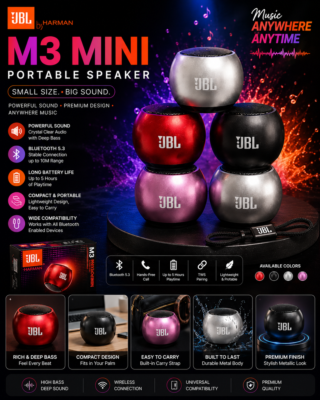 JBL Harman M3 Mini Portable Bluetooth Speaker – Deep Bass | Bluetooth 5.3 | Metal Body | 5 Hours Playtime | Compact Wireless Speaker