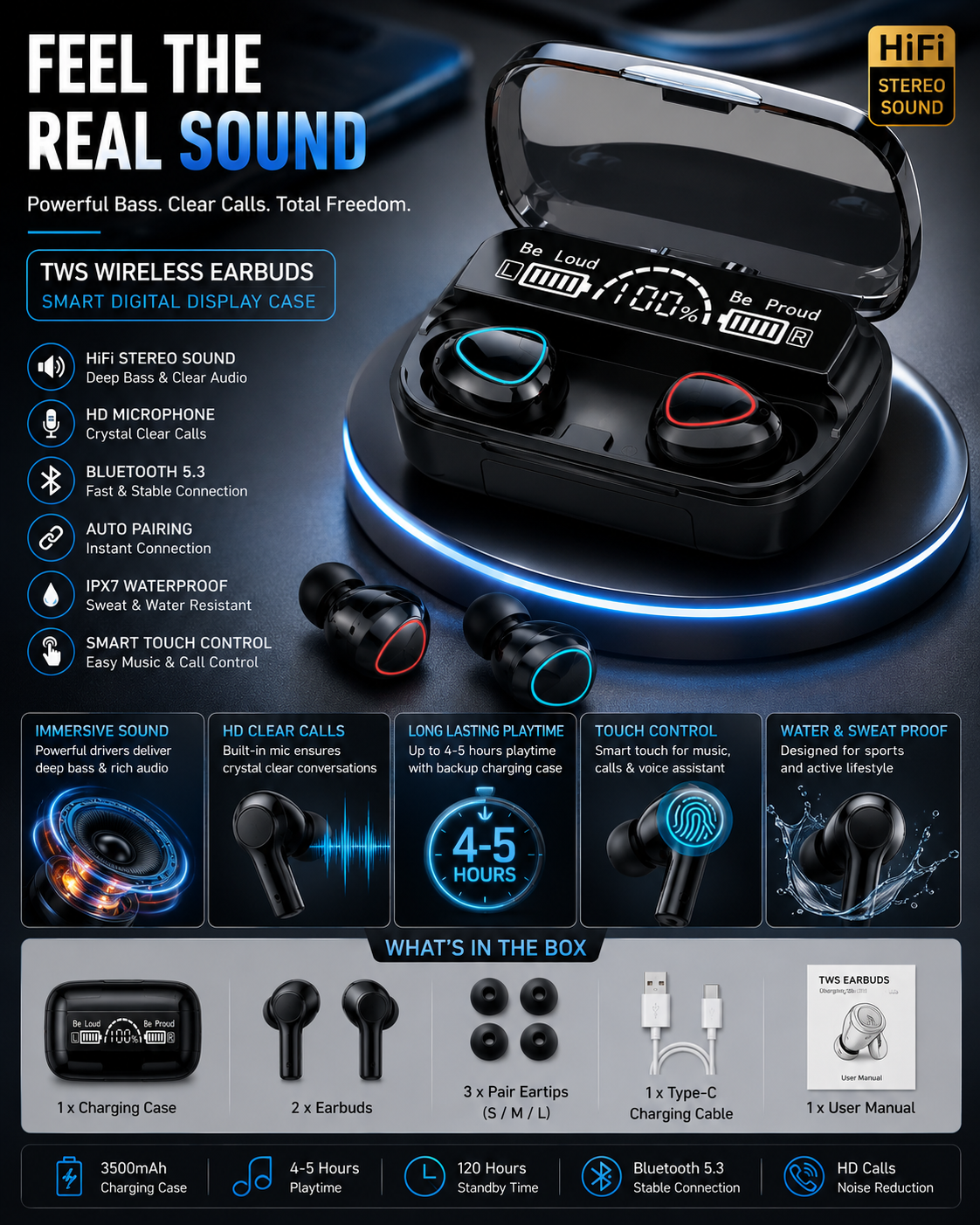 TWS Bluetooth 5.3 Wireless Earbuds with LED Display | 25 Hours Playtime | Touch Control | Type-C Fast Charging | Built-in Mic | IPX4 Water Resistant