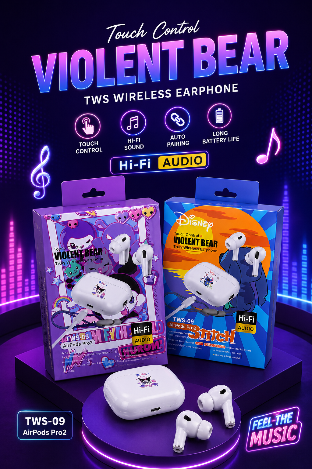 Violent Bear TWS-09 Wireless Bluetooth Earbuds – Hi-Fi Stereo Sound | Touch Control | Auto Pairing | Long Battery Life | Cute Cartoon Edition