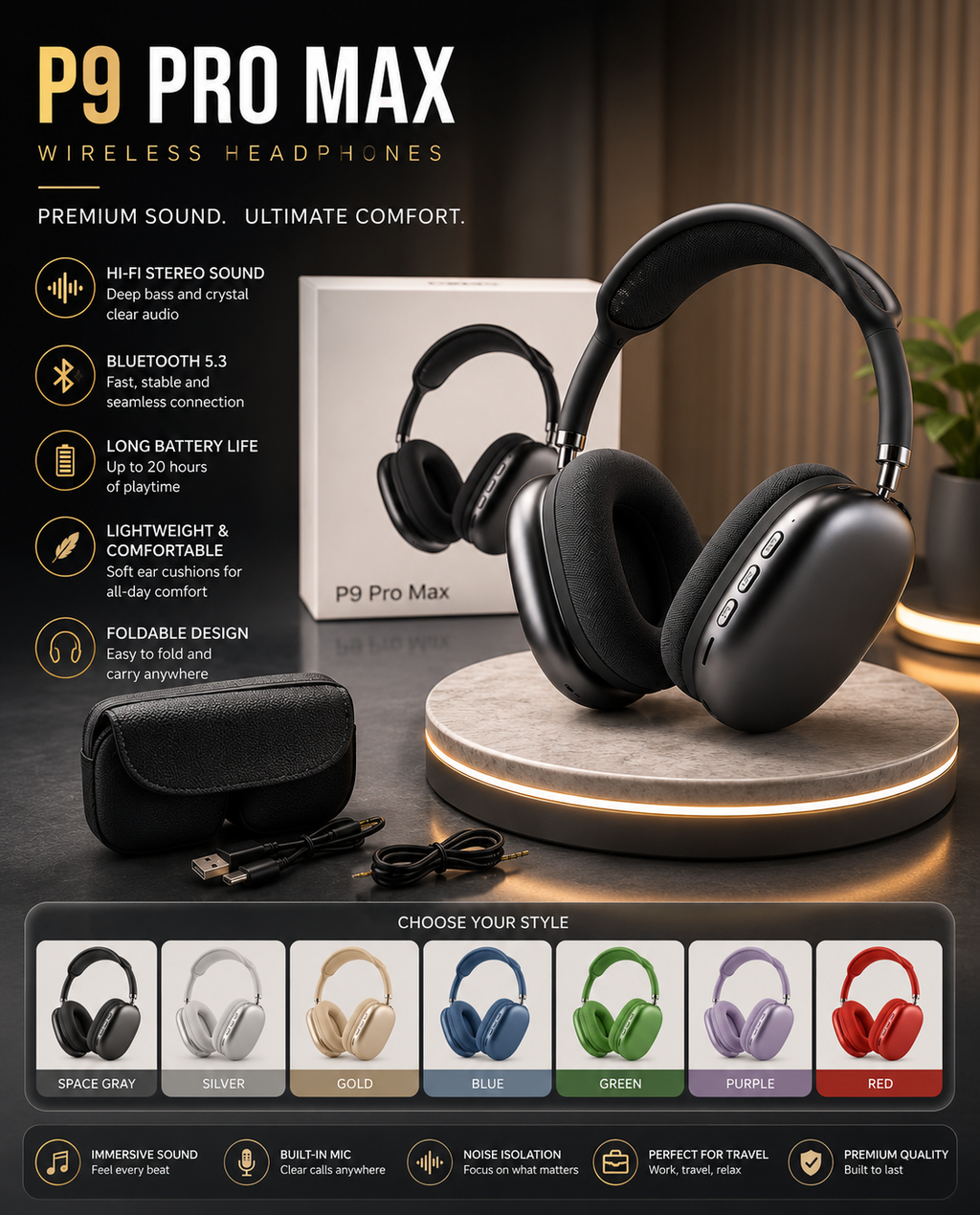 P9 Pro Max Wireless Bluetooth Headphones – Hi-Fi Stereo Sound | Bluetooth 5.3 | Up to 20 Hours Battery | Foldable Over-Ear Headset