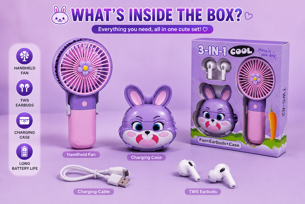 3-in-1 Bunny Essentials Kit TWS-82 – Mini Handheld Fan + Wireless Bluetooth Earbuds + Cute Charging Case | Portable Rechargeable Gift Set