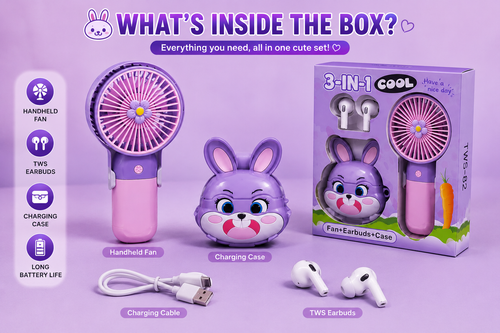 3-in-1 Bunny Essentials Kit TWS-82 – Mini Handheld Fan + Wireless Bluetooth Earbuds + Cute Charging Case | Portable Rechargeable Gift Set
