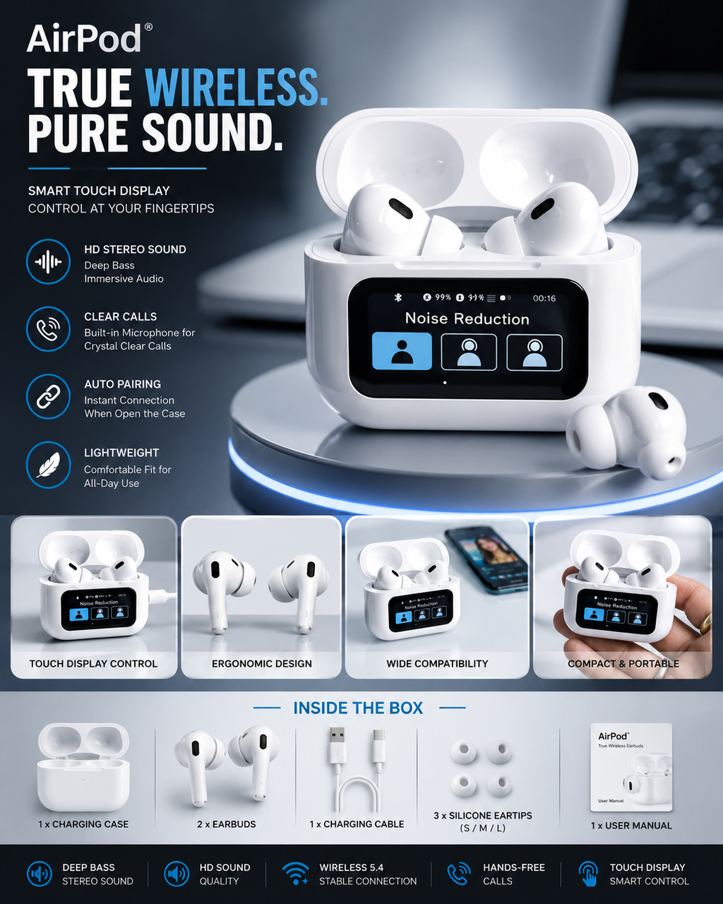 AirPod Pro Wireless Earbuds with Smart Touch Display – Bluetooth 5.4, Hi-Fi Stereo Sound, Deep Bass, ENC Noise Reduction & HD Calling
