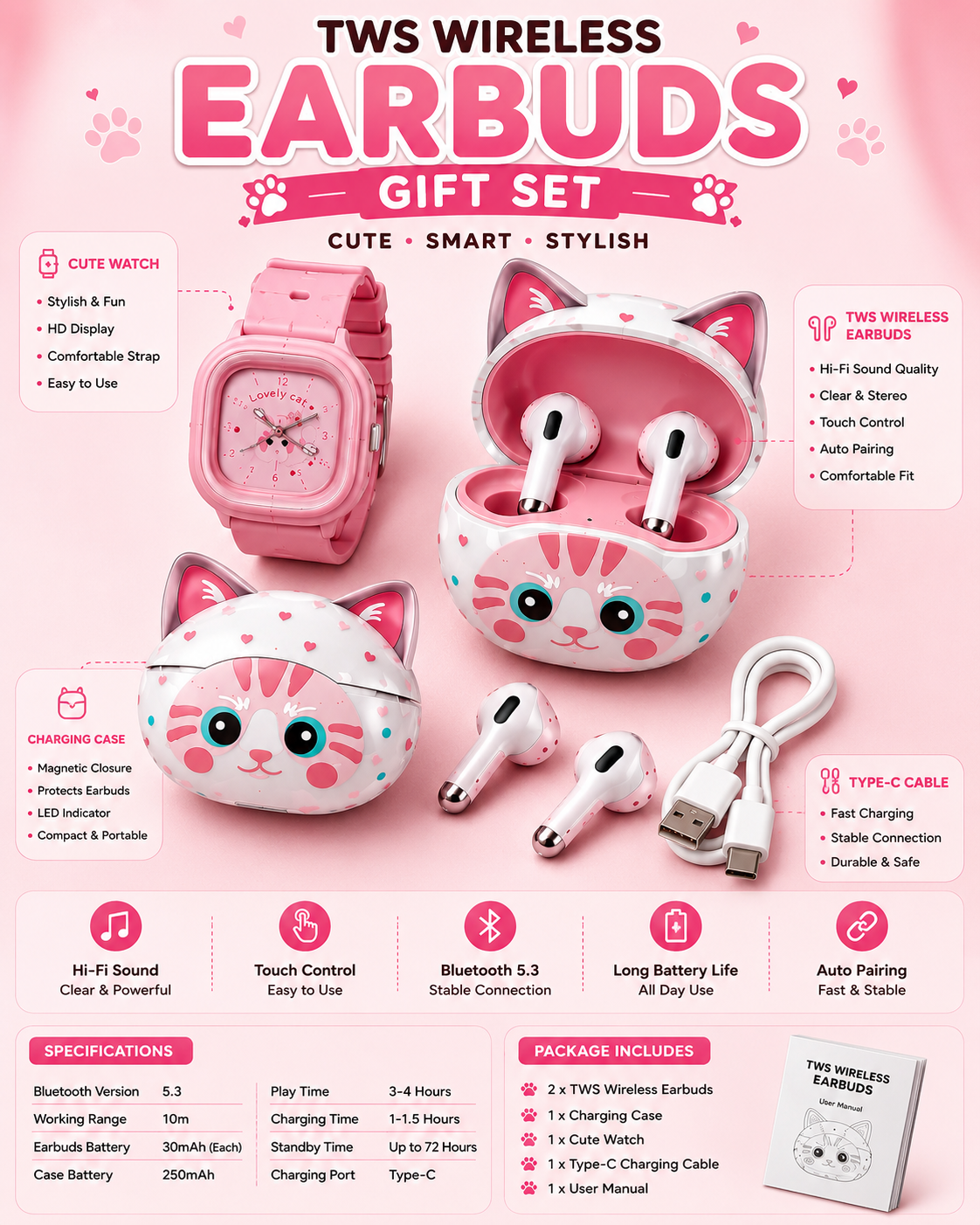TWS-70 Cute Cat Wireless Earbuds Gift Set with Smart Watch