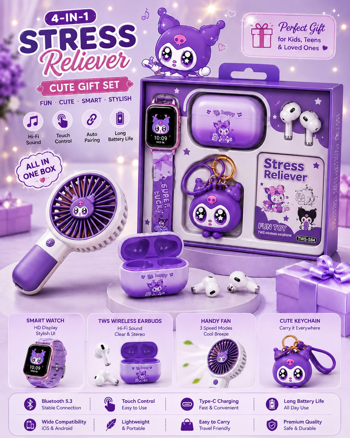Stress Reliever 4-in-1 Cute Gift Set – Smart Watch + TWS Wireless Earbuds
