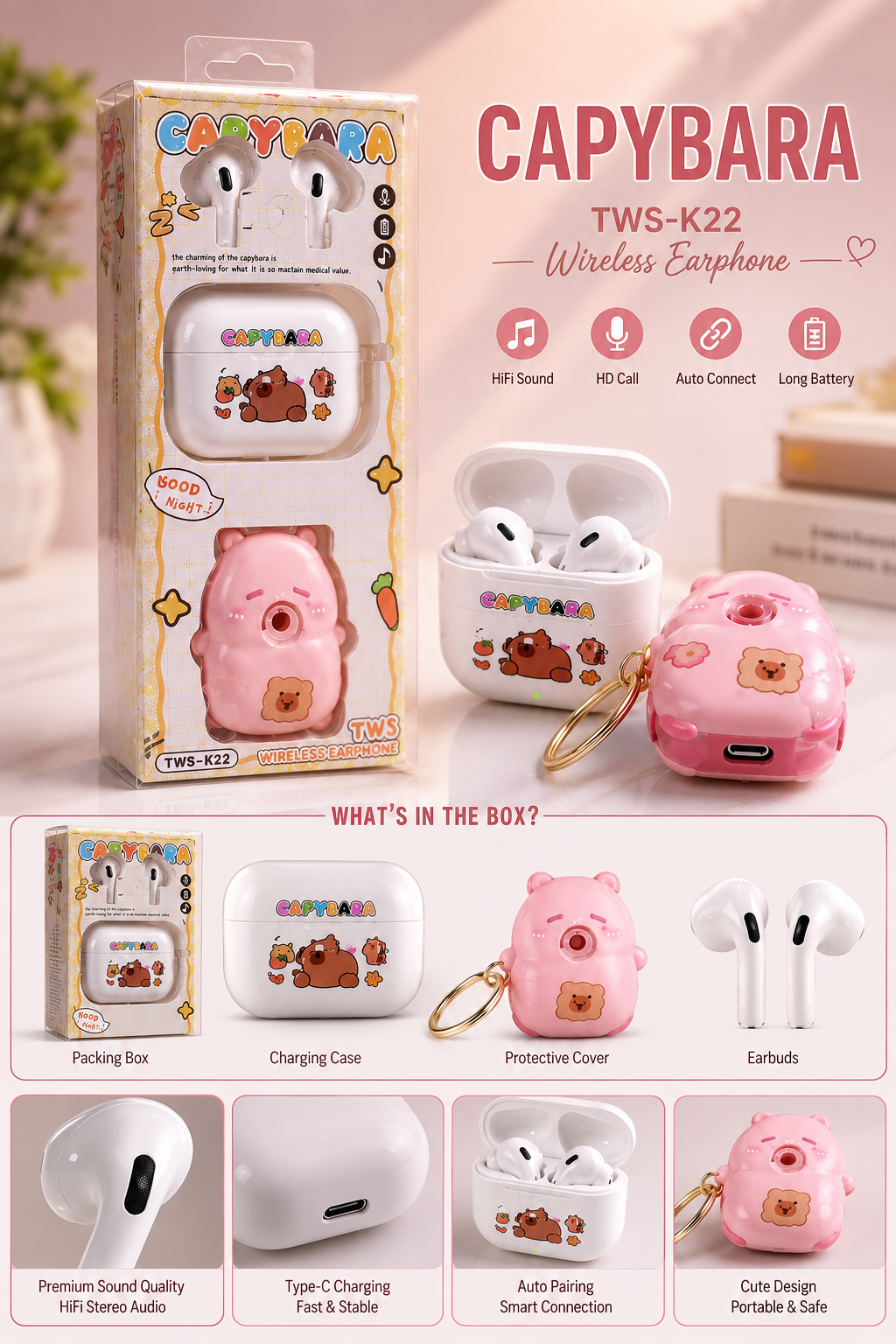 Cute Capybara Bluetooth Earbuds | TWS-K22 | HD Stereo Sound | Long Battery | Premium Gift Box