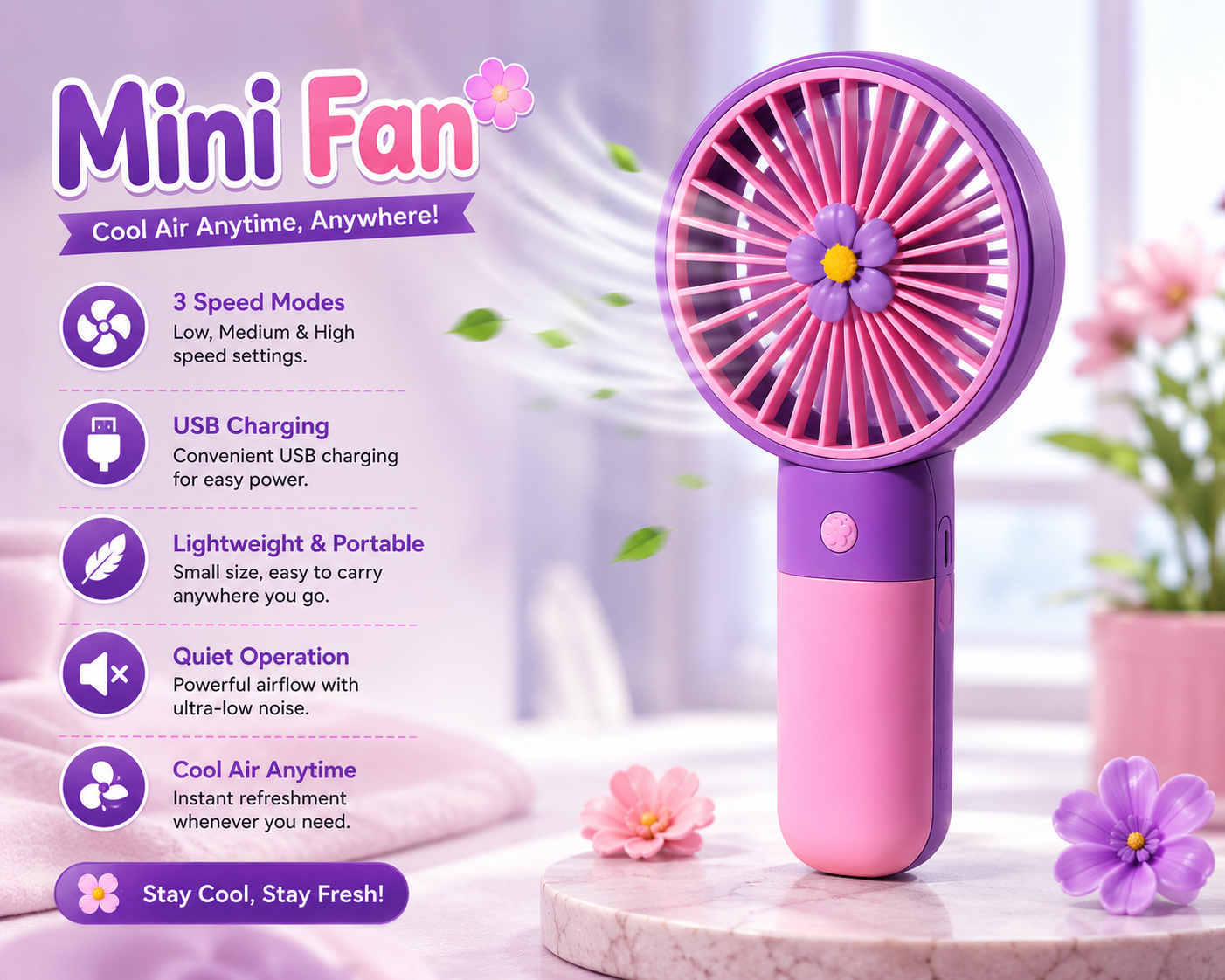 Cute 4-in-1 Smart Combo – Fan + Earbuds + Smart Watch + Kawaii Case