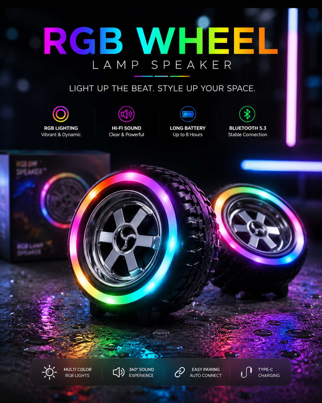 RGB Wheel Lamp Bluetooth Speaker | Bluetooth 5.3 | 360° Hi-Fi Sound | Multi-Color RGB Lights | Type-C Fast Charging | Portable Wireless Speaker
