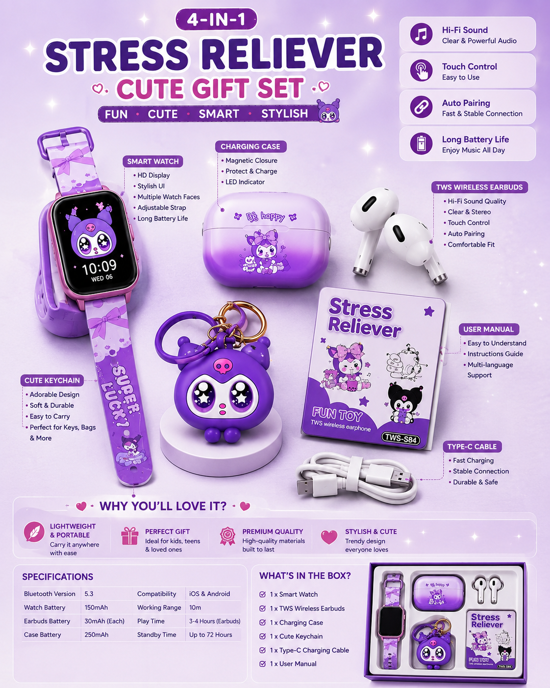 Stress Reliever 4-in-1 Cute Gift Set – Smart Watch + TWS Wireless Earbuds + Charging Case + Cute Keychain | Bluetooth 5.3 | Perfect Gift for Girls & Kids