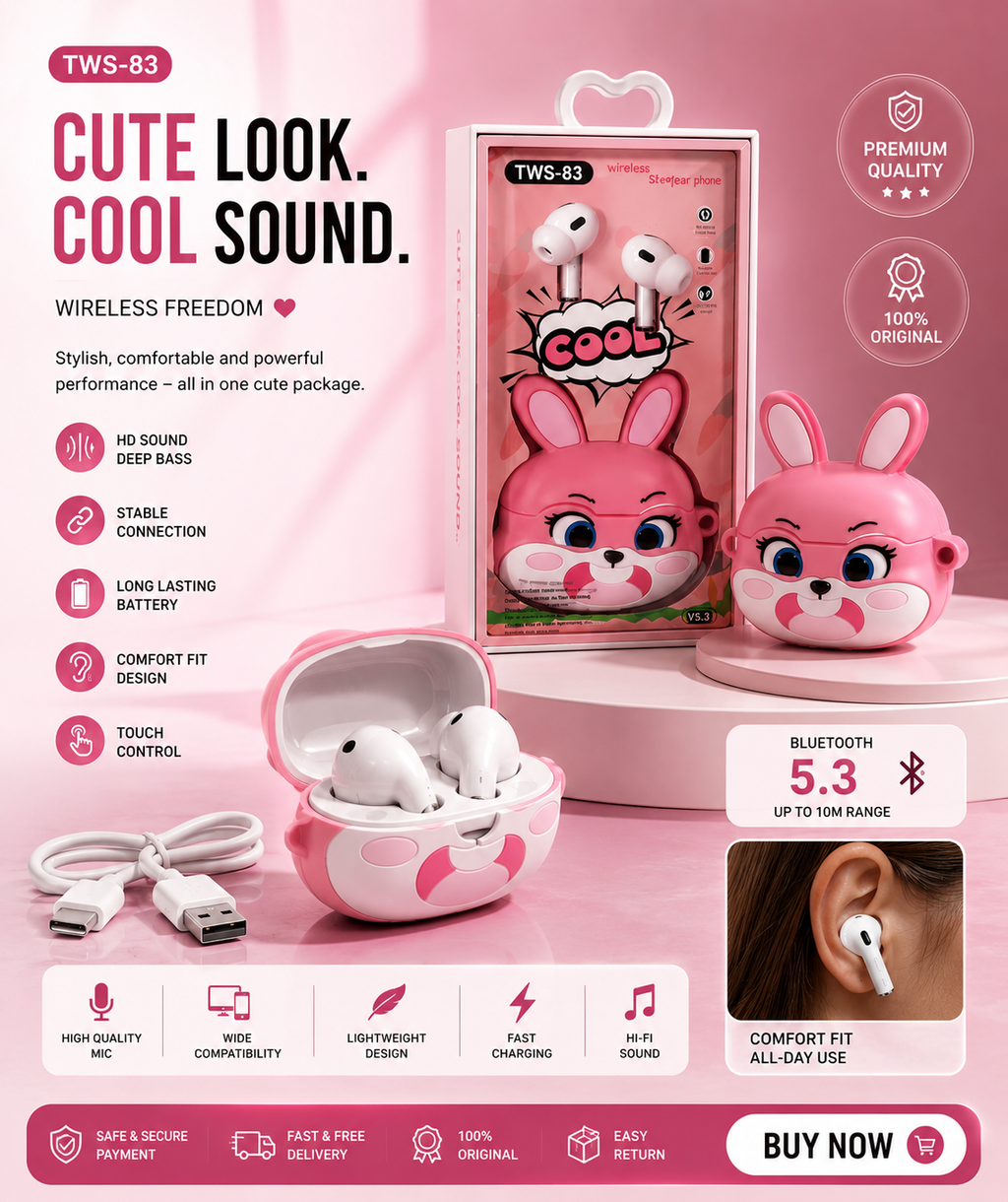 Cute Bunny TWS-83 Wireless Bluetooth Earbuds – HD Sound, Deep Bass, Bluetooth 5.3, Premium Quality