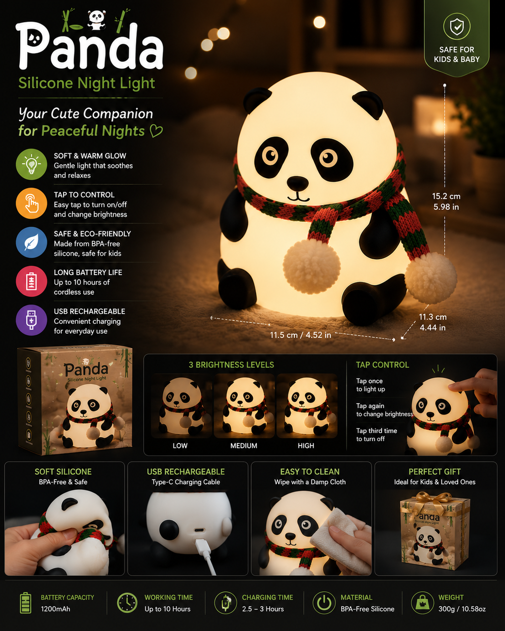Cute Panda Silicone LED Night Light – USB Rechargeable Tap Control Bedside Lamp with 3 Brightness Levels for Kids & Baby Room