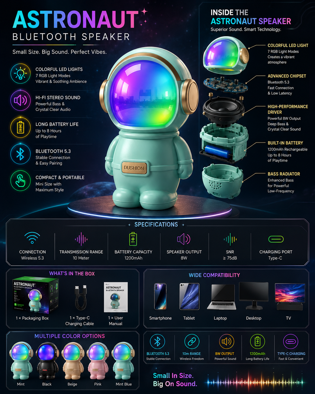 Astronaut Bluetooth Speaker with RGB LED Lights | Bluetooth 5.3 | Hi-Fi Stereo Sound | Type-C Fast Charging | Portable Mini Wireless Speaker