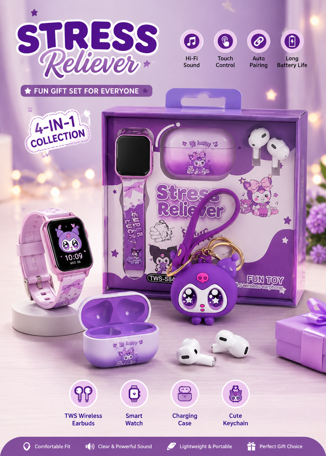 Stress Reliever 4-in-1 Cute Gift Set – Smart Watch + TWS Wireless Earbuds + Charging Case + Cute Keychain | Bluetooth 5.3 | Perfect Gift for Girls & Kids