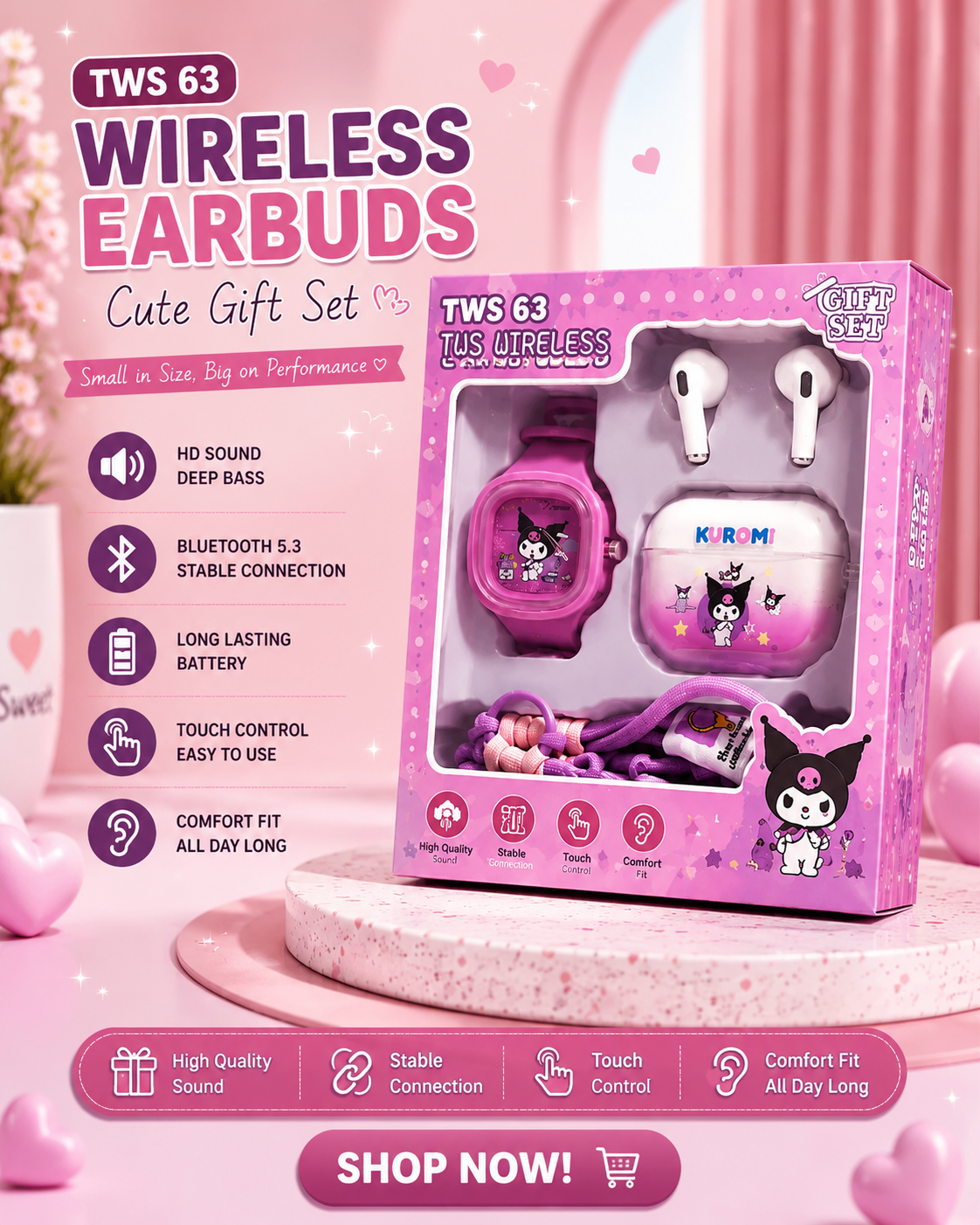 TWS-63 Premium Cute Wireless Earbuds Gift Set