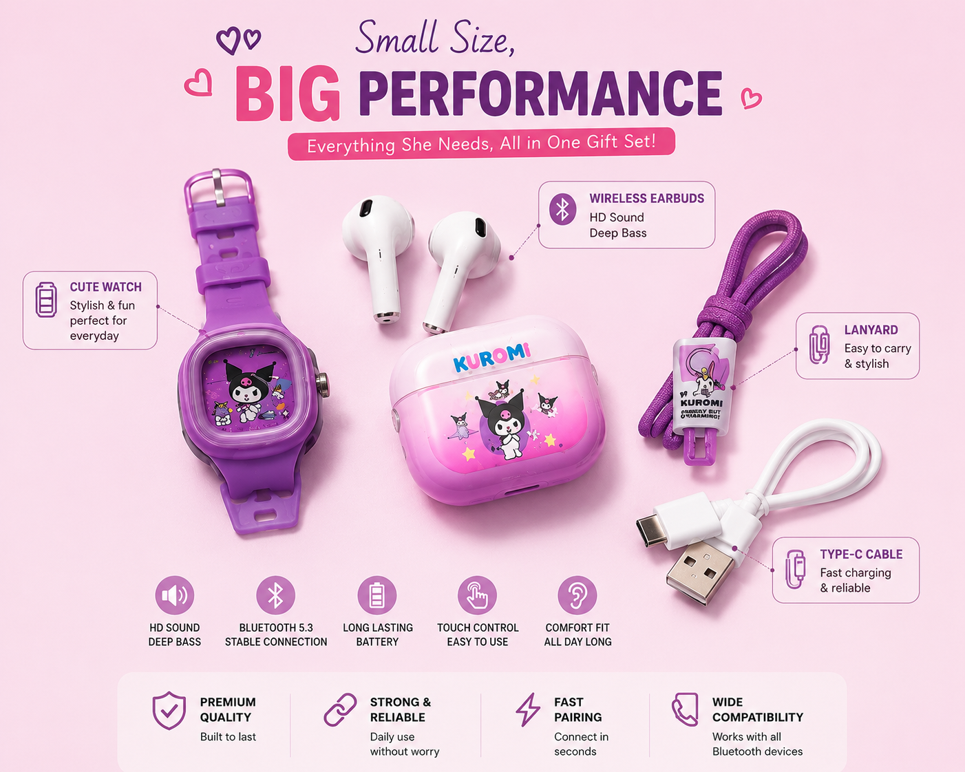 TWS-63 Premium Cute Wireless Earbuds Gift Set | Bluetooth 5.3 | HD Stereo Sound | Smart Touch | Long Battery | Perfect Gift for Girls