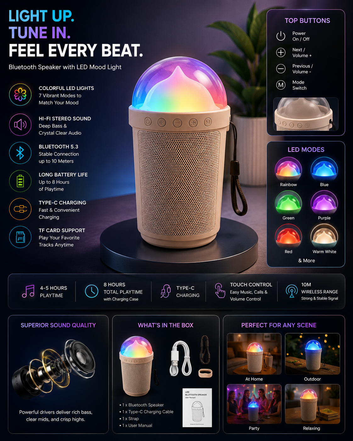 Portable Bluetooth Speaker with RGB LED Mood Light | Bluetooth 5.3 | Hi-Fi Stereo Sound | Type-C Fast Charging | TF Card Support | Wireless Mini Speaker